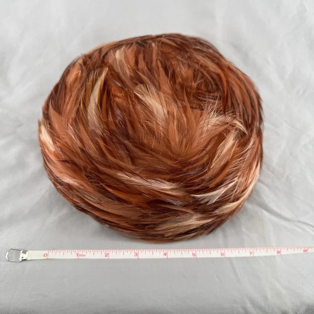 Vintage Union Made Feather Pillbox Hat Rust Copper Brown 1950s 1960s MCM USA